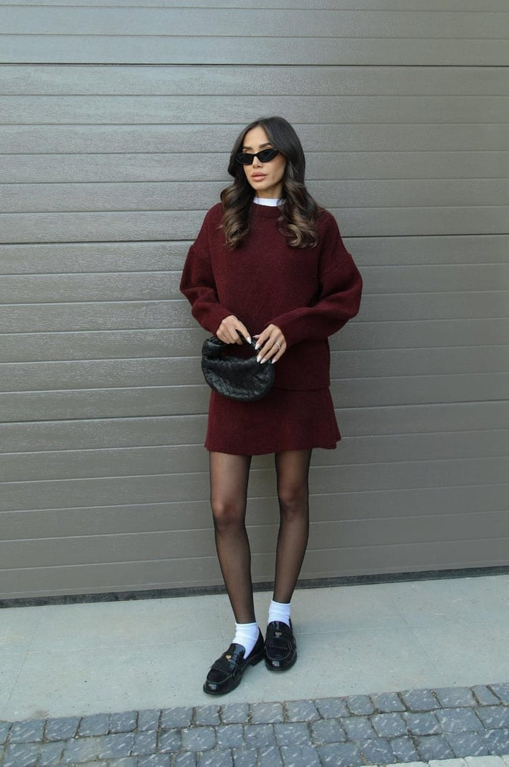 Dames Gebreide Trui en Rok Set - Oversized Pullover met Aansluitende Rok
