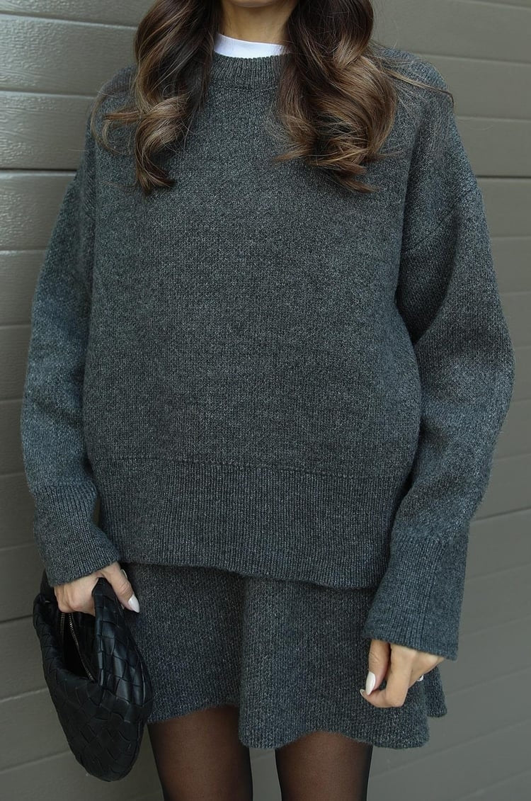 Dames Gebreide Trui en Rok Set - Oversized Pullover met Aansluitende Rok
