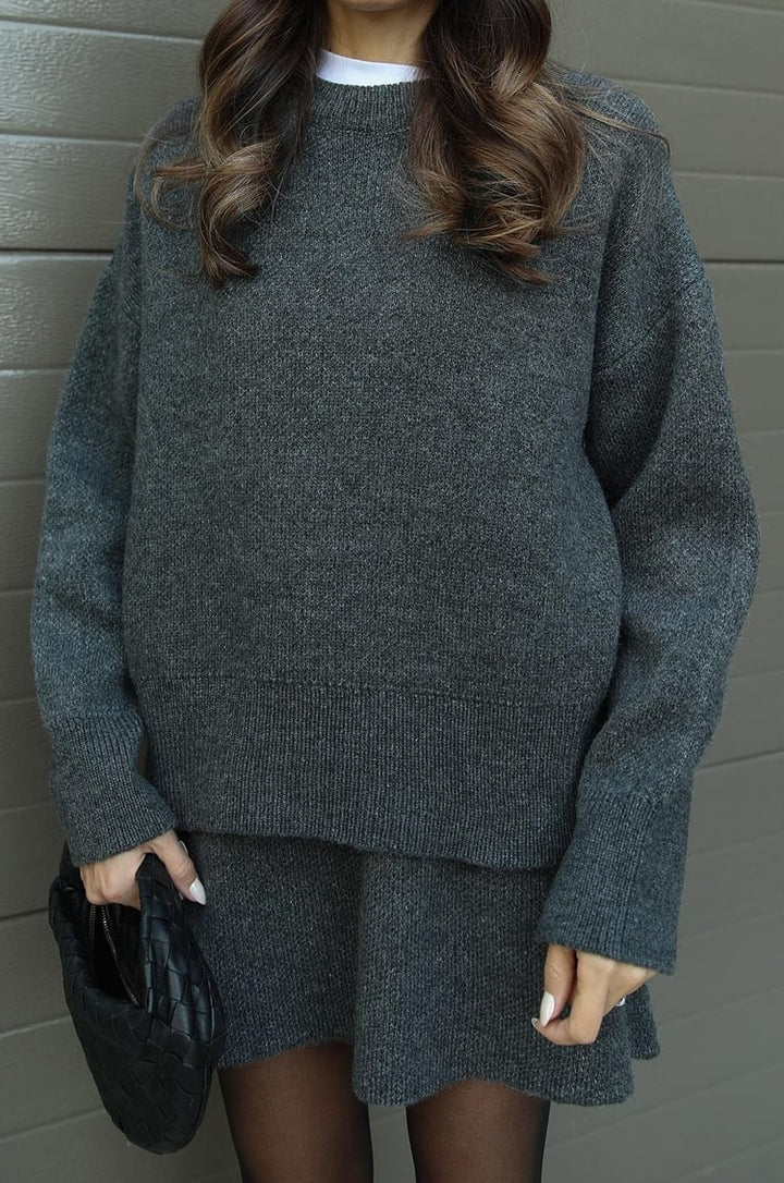 Dames Gebreide Trui en Rok Set - Oversized Pullover met Aansluitende Rok