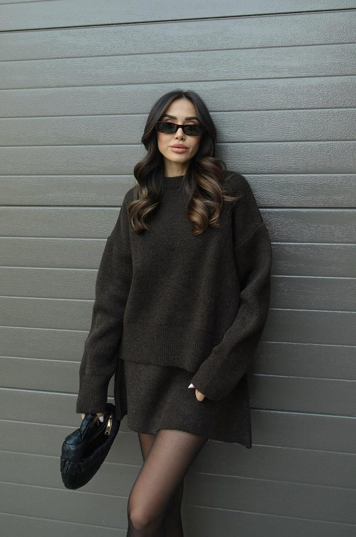 Dames Gebreide Trui en Rok Set - Oversized Pullover met Aansluitende Rok