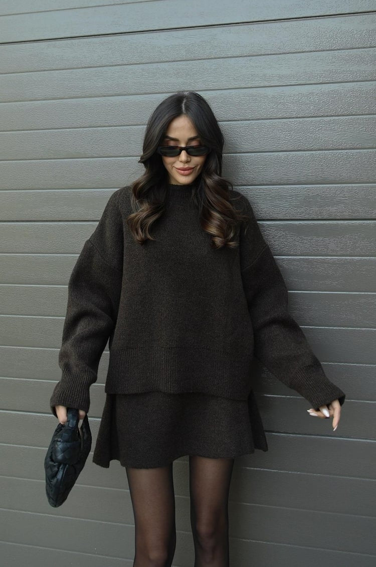 Dames Gebreide Trui en Rok Set - Oversized Pullover met Aansluitende Rok