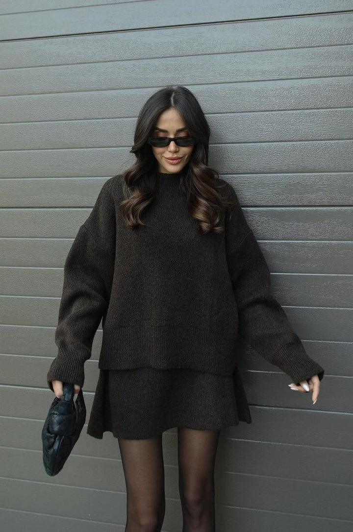 Dames Gebreide Trui en Rok Set - Oversized Pullover met Aansluitende Rok