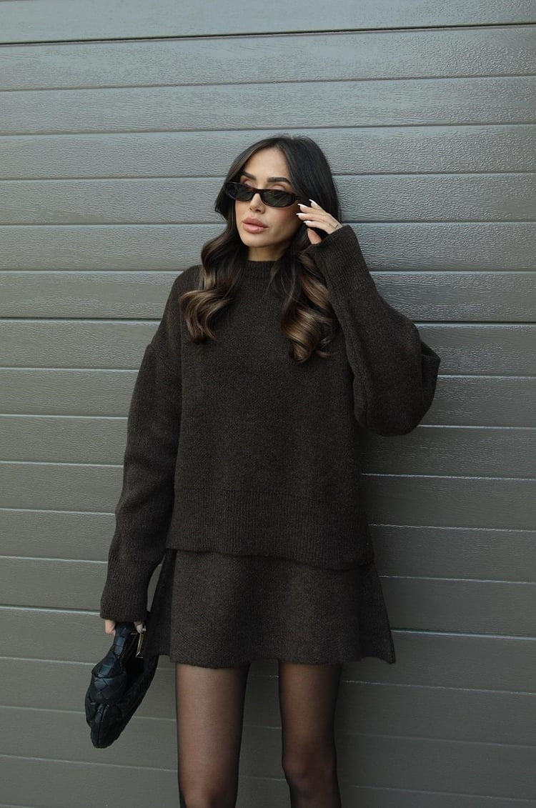 Dames Gebreide Trui en Rok Set - Oversized Pullover met Aansluitende Rok