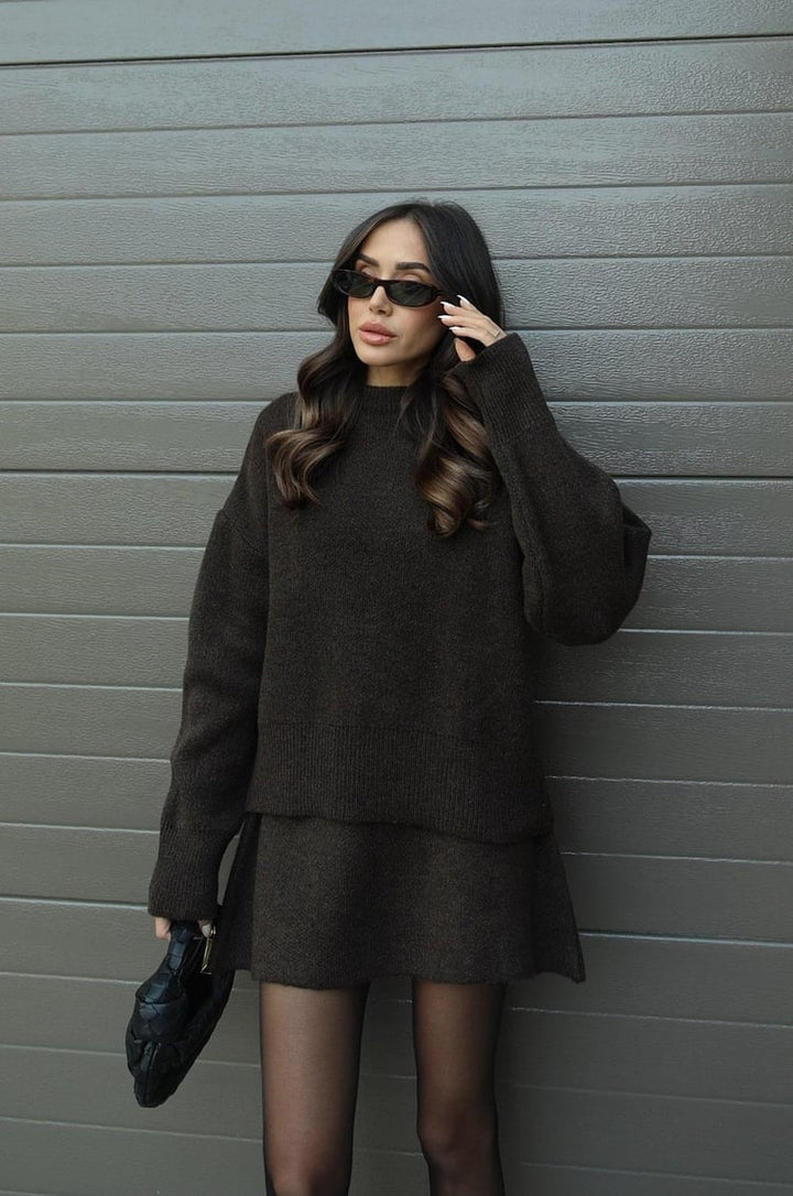 Dames Gebreide Trui en Rok Set - Oversized Pullover met Aansluitende Rok