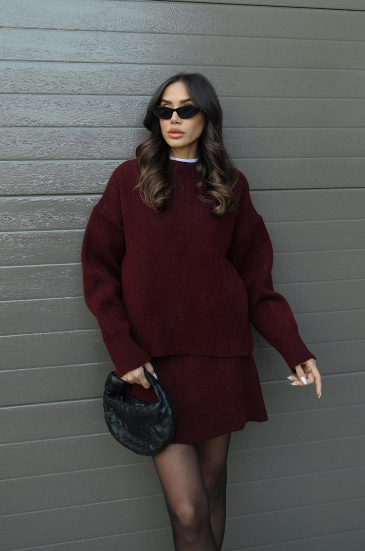 Dames Gebreide Trui en Rok Set - Oversized Pullover met Aansluitende Rok