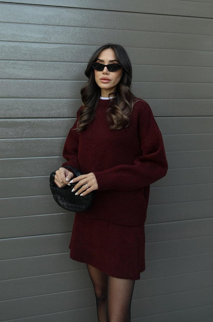 Dames Gebreide Trui en Rok Set - Oversized Pullover met Aansluitende Rok