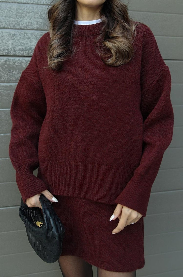 Dames Gebreide Trui en Rok Set - Oversized Pullover met Aansluitende Rok