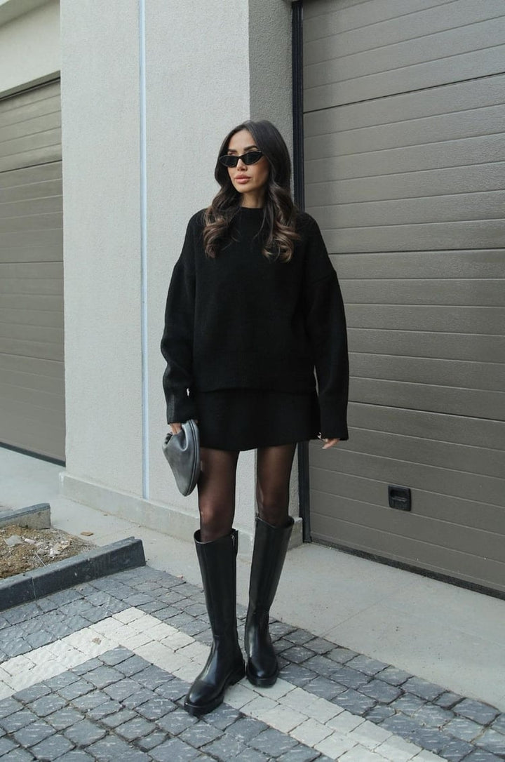 Dames Gebreide Trui en Rok Set - Oversized Pullover met Aansluitende Rok