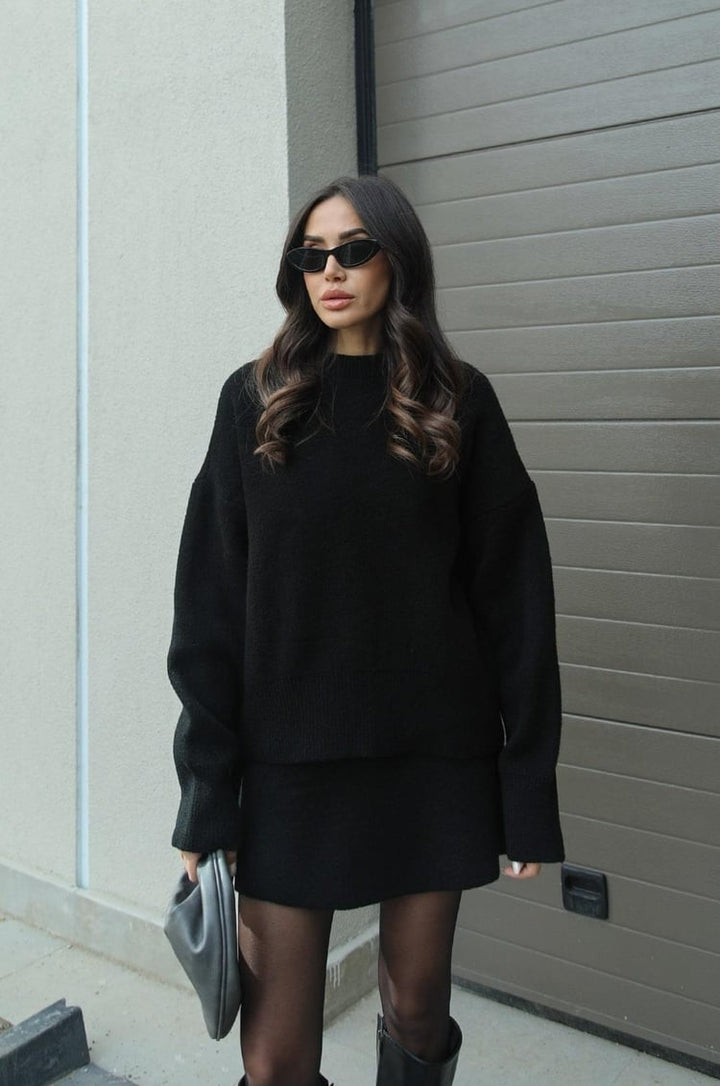 Dames Gebreide Trui en Rok Set - Oversized Pullover met Aansluitende Rok