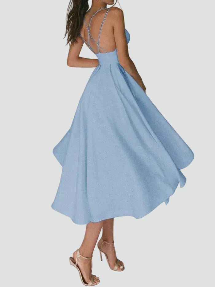 Flared midi cocktail dress with sweetheart neckline for weddings