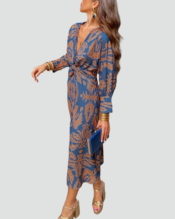 Damska sukienka midi koktajlowa kopertowa z długim rękawem