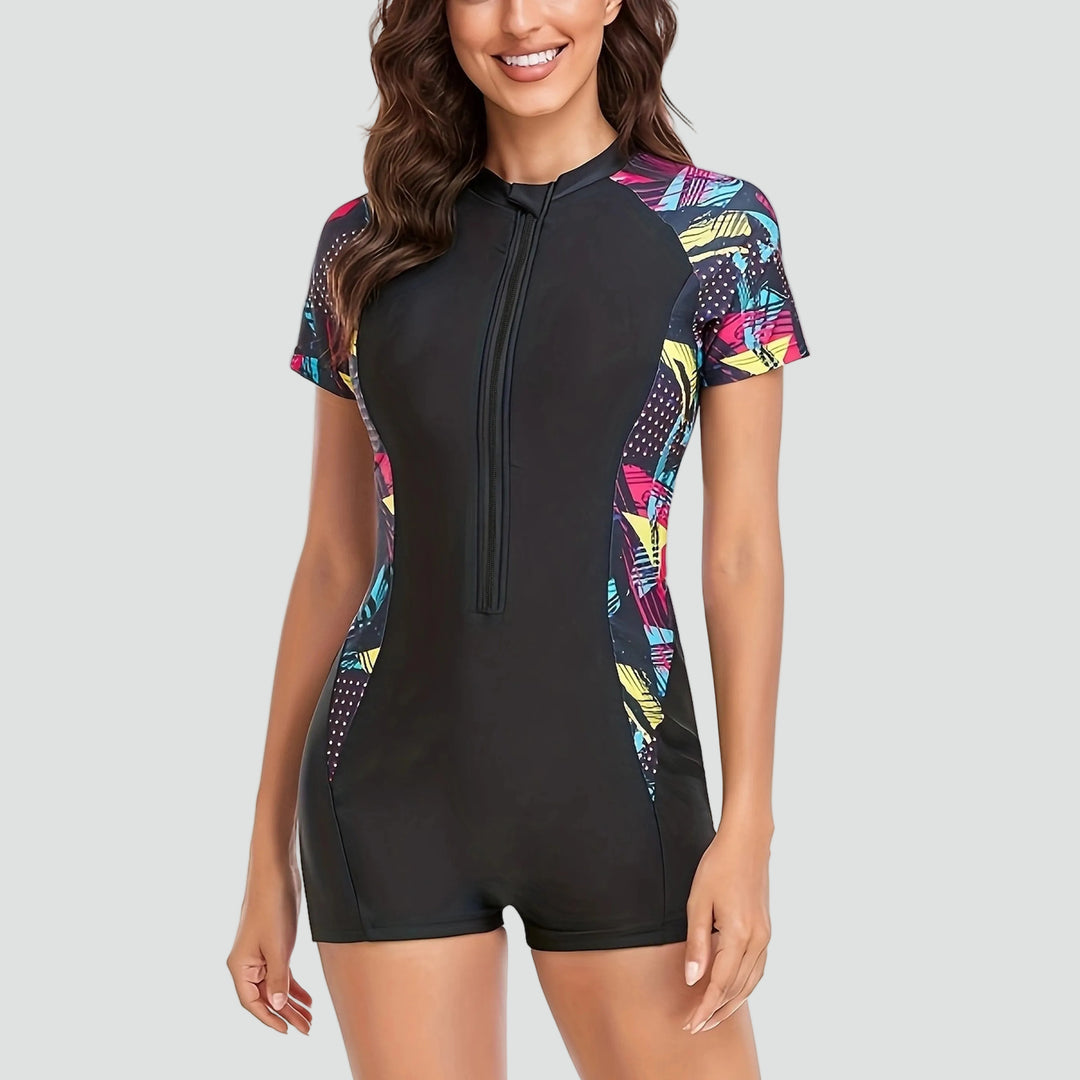 One-piece swimsuit with zipper and short sleeves