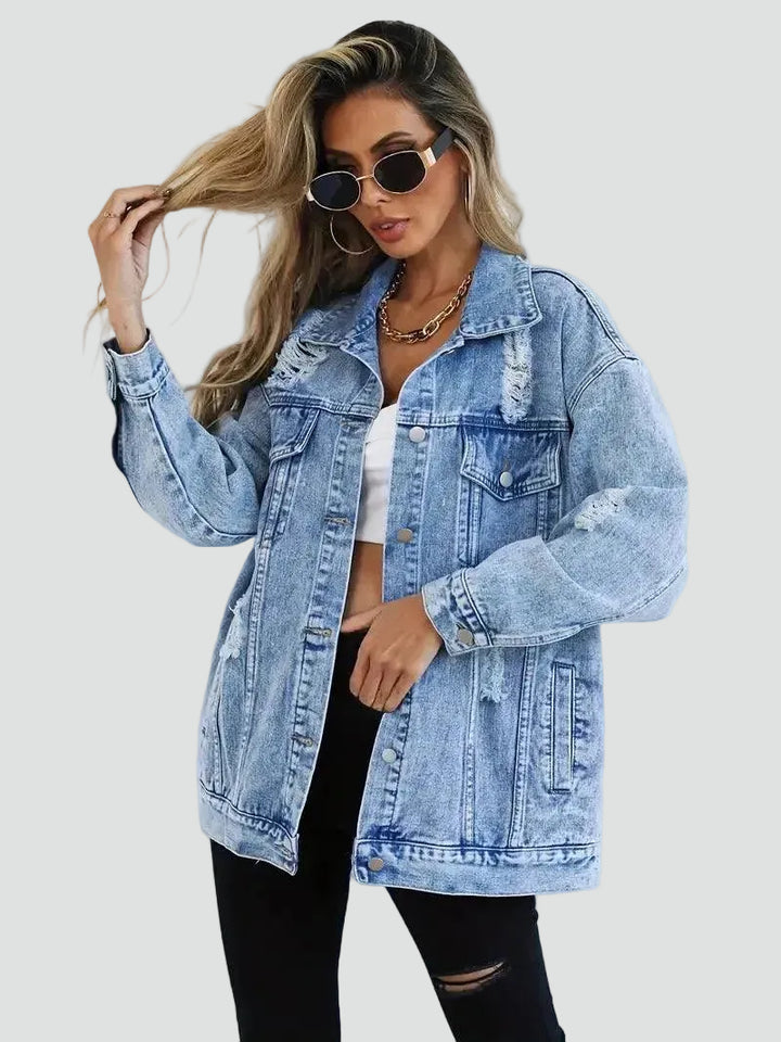 Oversized women's denim jacket with distressing for everyday wear