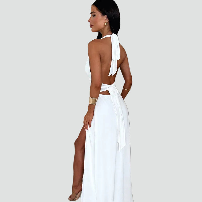 Maxi evening dress with halter slit for weddings