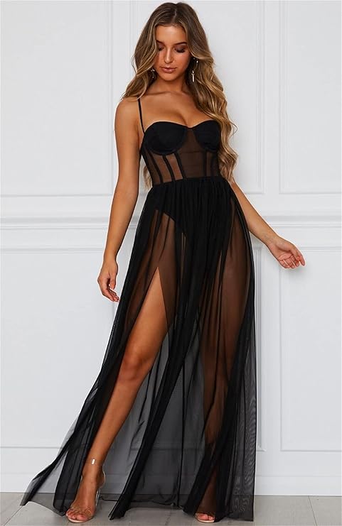 Women's maxi beach dress with sheer tulle