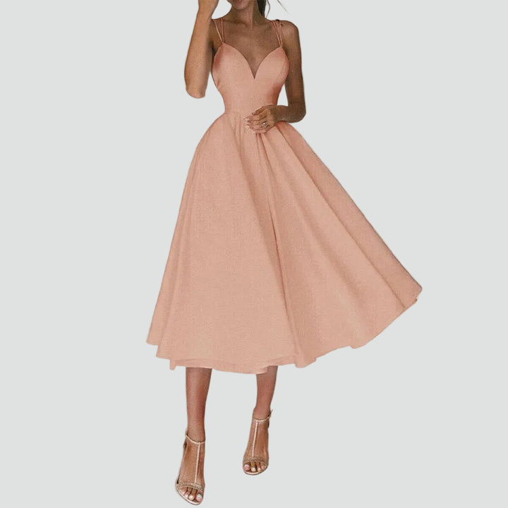 Flared midi cocktail dress with sweetheart neckline for weddings