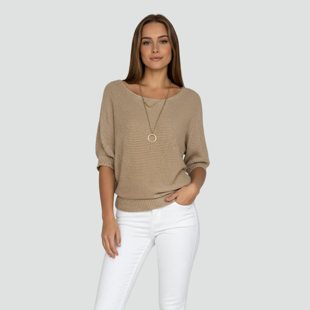 Damski przewiewny sweter z delikatnym splotem i rękawem 3/4