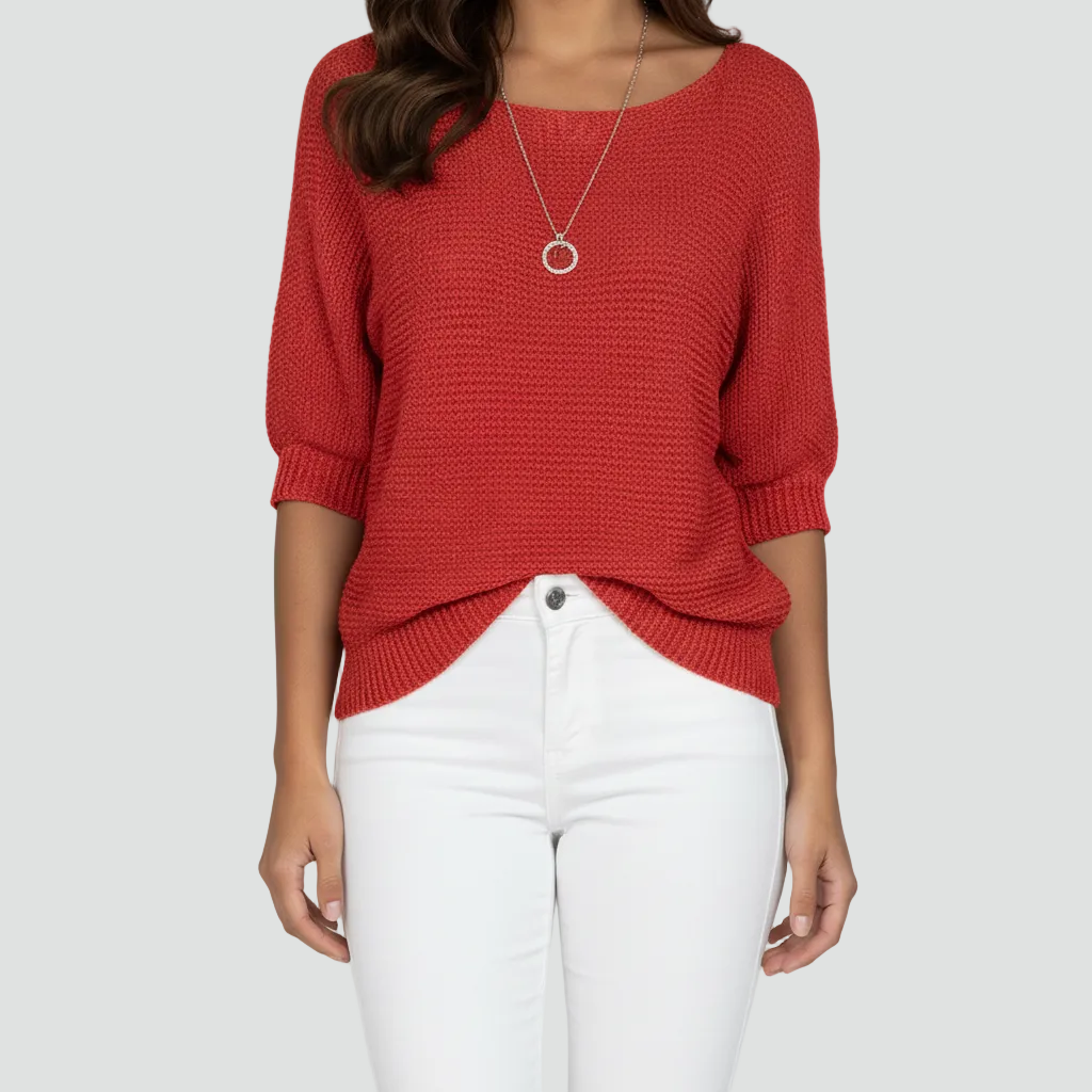 Damski przewiewny sweter z delikatnym splotem i rękawem 3/4