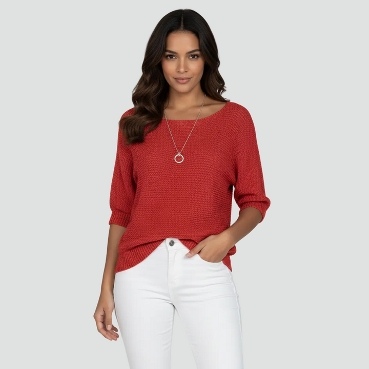 Damski przewiewny sweter z delikatnym splotem i rękawem 3/4