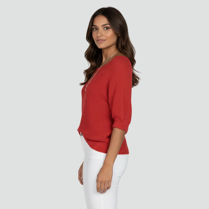 Damski przewiewny sweter z delikatnym splotem i rękawem 3/4