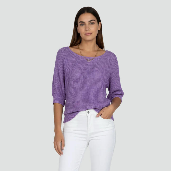 Damski przewiewny sweter z delikatnym splotem i rękawem 3/4