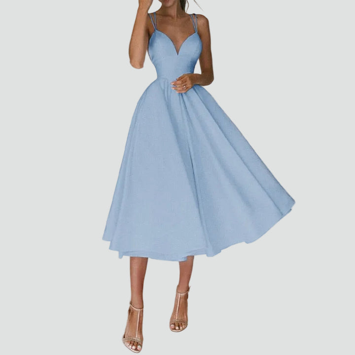 Flared midi cocktail dress with sweetheart neckline for weddings