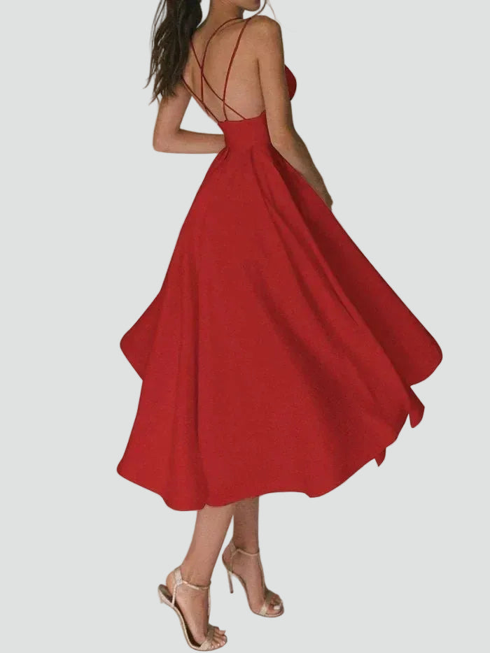 Flared midi cocktail dress with sweetheart neckline for weddings