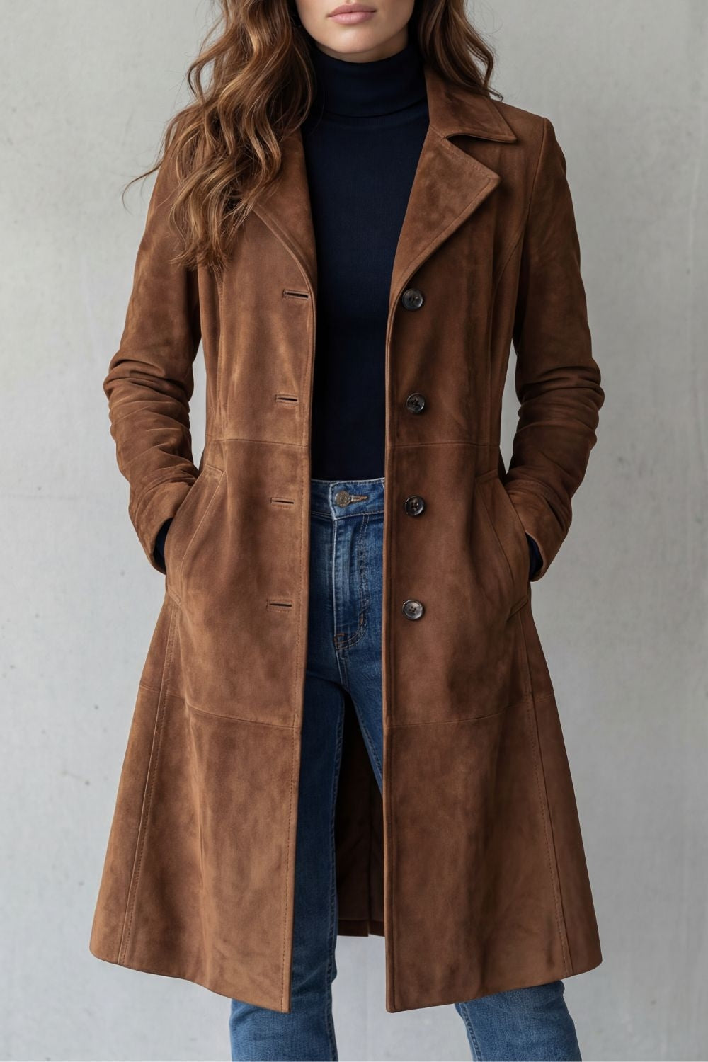 Women's Suede-Effect Longline Coat - Brown - View 2