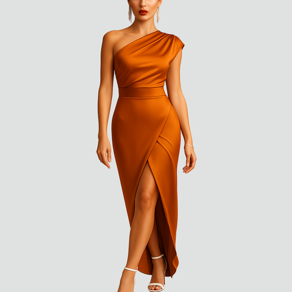 Elegancka sukienka koktajlowa na jedno ramię z rozcięciem