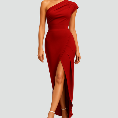 Elegancka sukienka koktajlowa na jedno ramię z rozcięciem