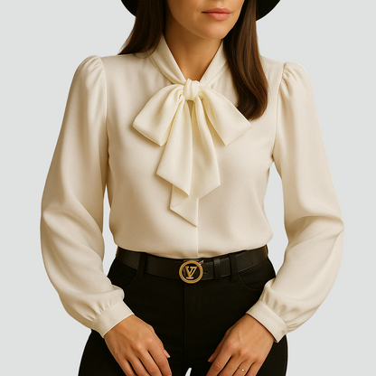 Bluzka szyfonowa z kokardą przy szyi i długim rękawem elegancka