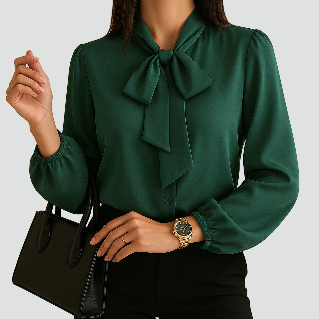 Bluzka szyfonowa z kokardą przy szyi i długim rękawem elegancka