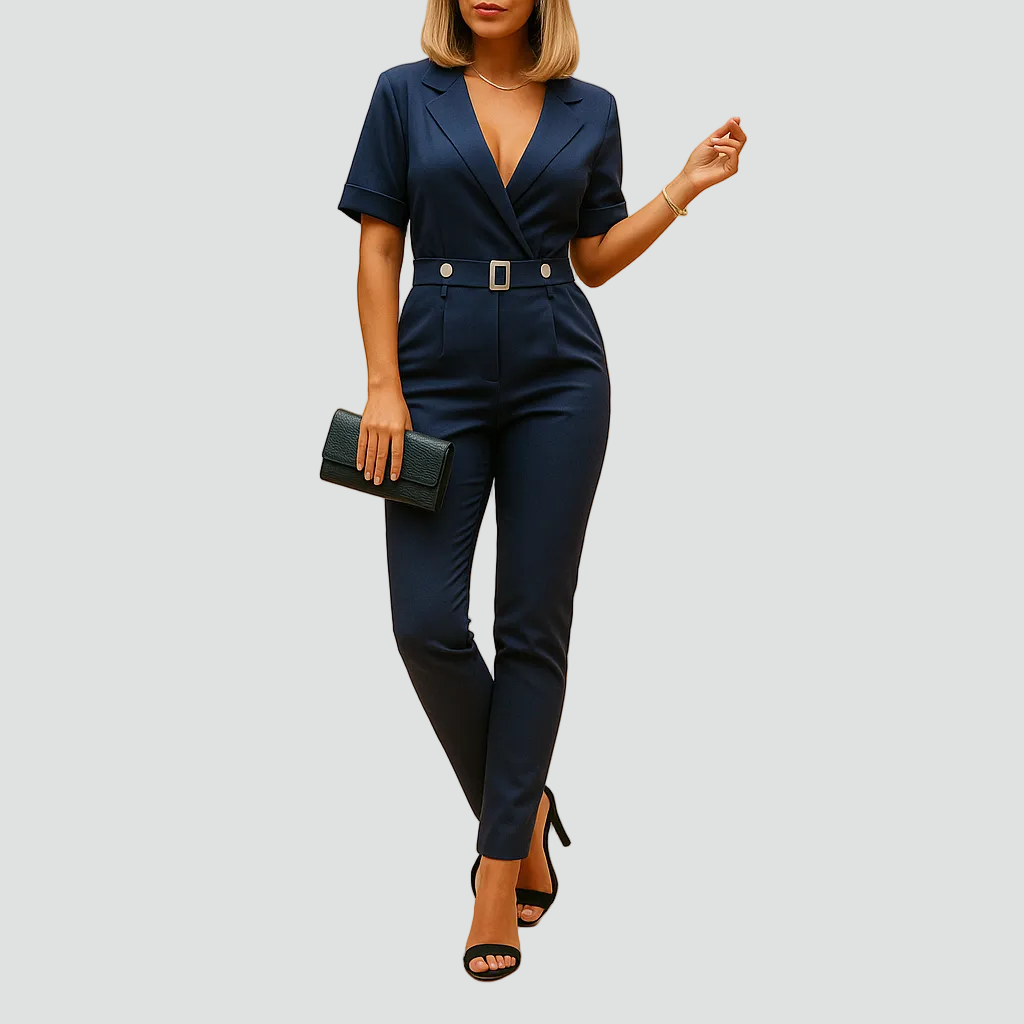 Elegancki damski kombinezon z dekoltem V i paskiem w talii