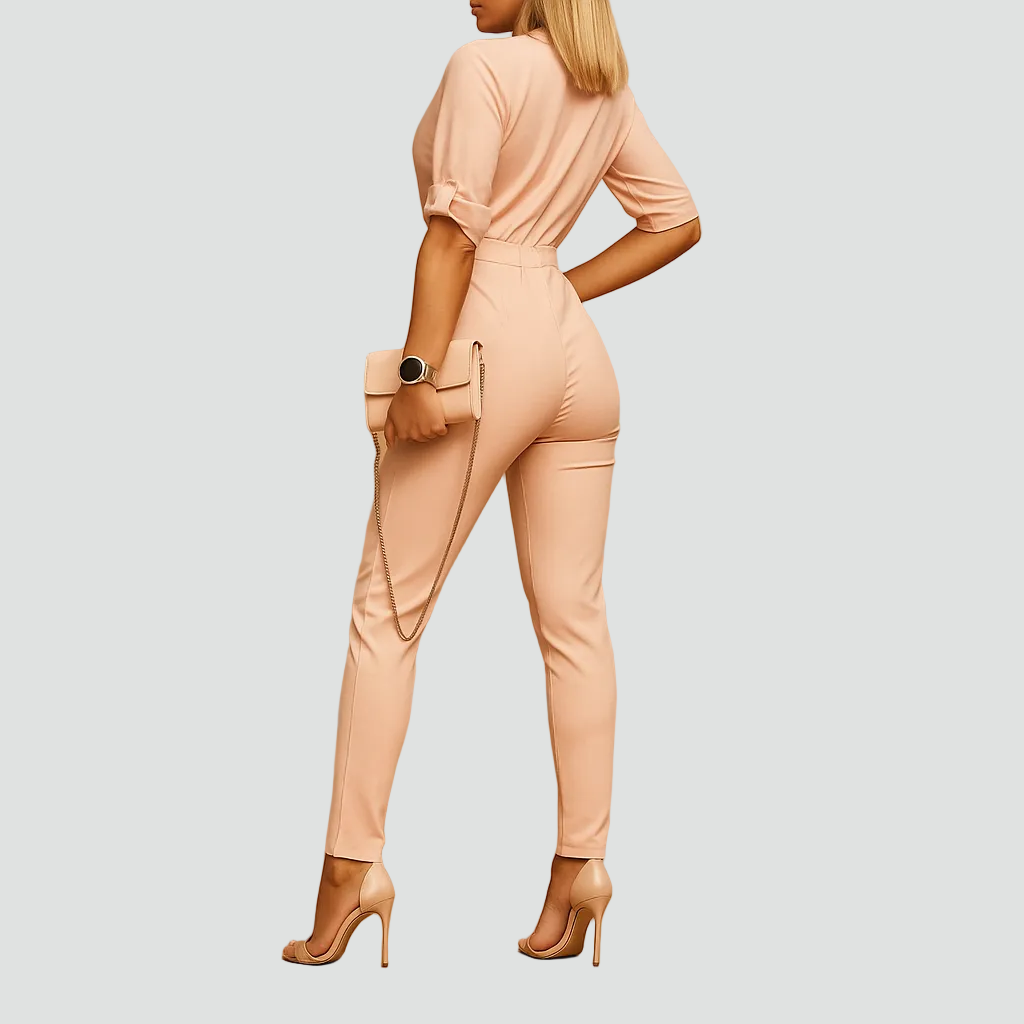 Elegancki damski kombinezon z dekoltem V i paskiem w talii