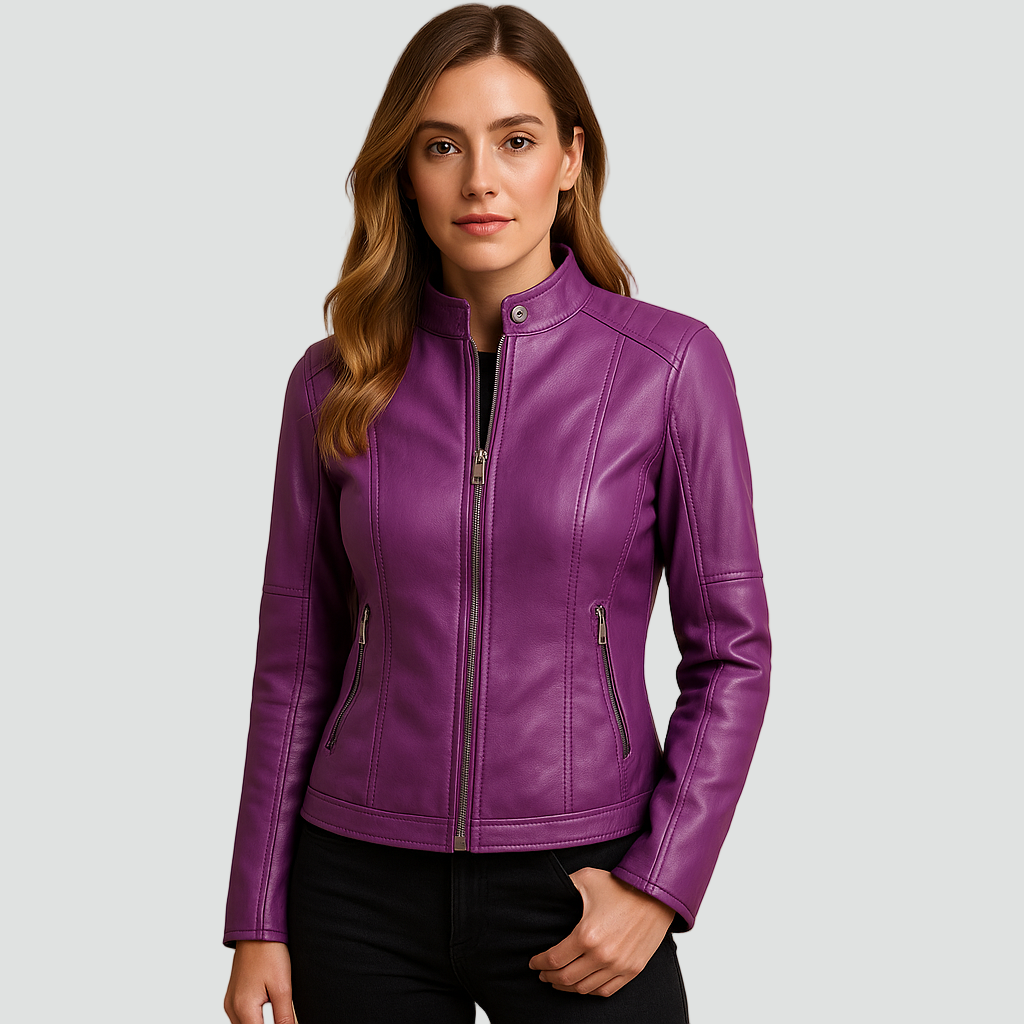 Kurtka damska biker leather look z zamkiem i stójką