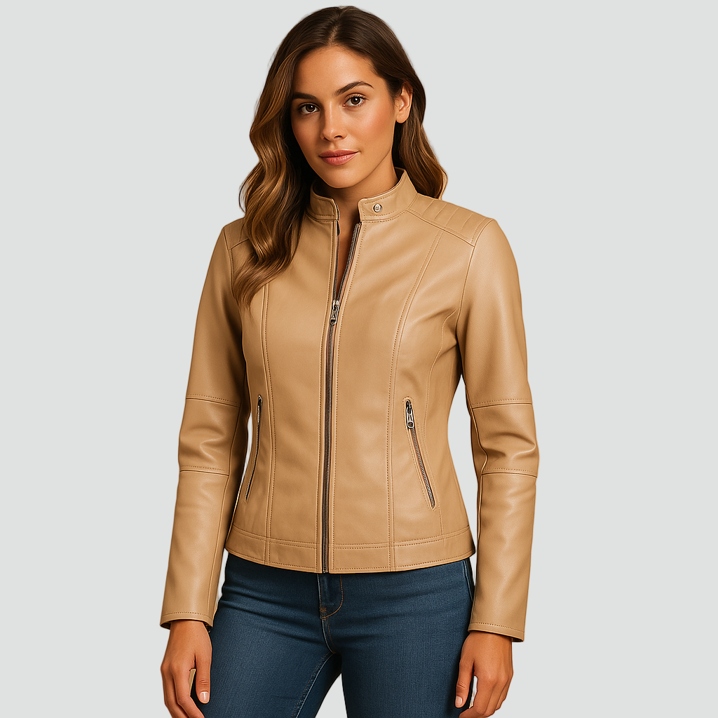 Kurtka damska biker leather look z zamkiem i stójką