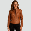 Veste pour femme style motard aspect cuir avec fermeture éclair et col montant