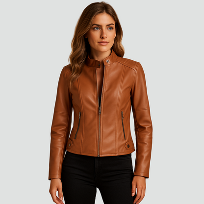 Kurtka damska biker leather look z zamkiem i stójką