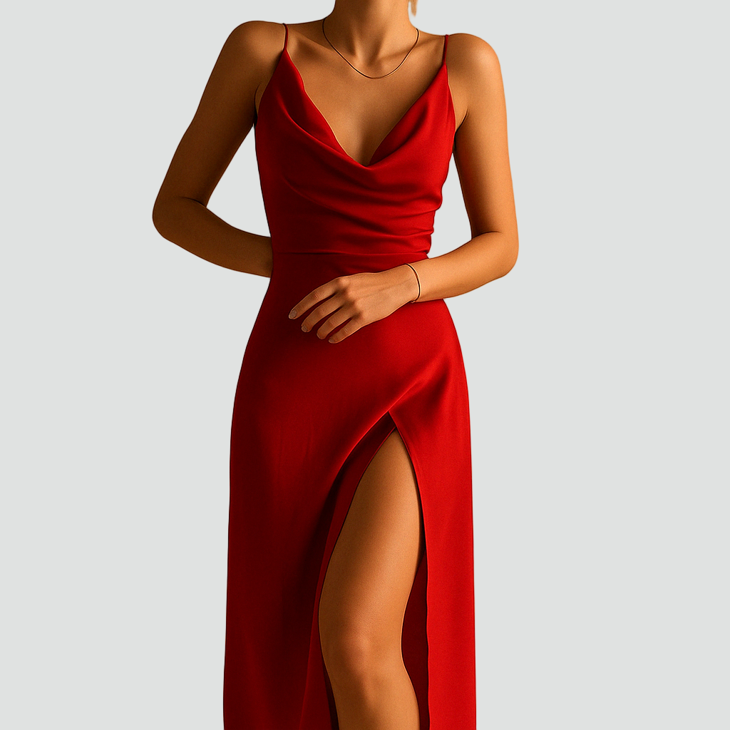 Satynowa sukienka koktajlowa na ramiączkach z rozcięciem