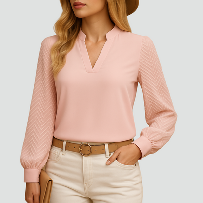 Bluzka z dekoltem v i długim rękawem z lekkiego szyfonu elegancka