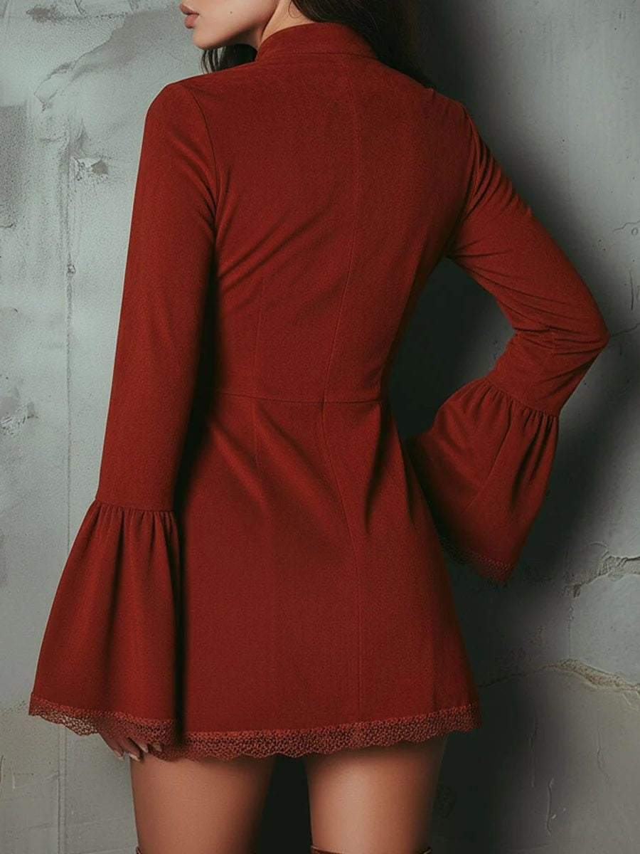 Embroidered Bell Sleeve Mini Dress with Lace Trim for Women - View 3