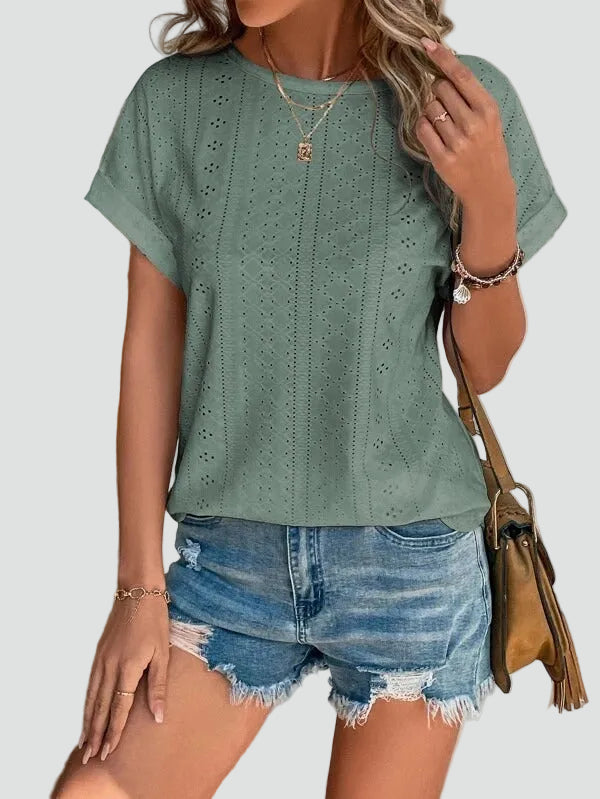 Lace short-sleeve blouse with a round neckline