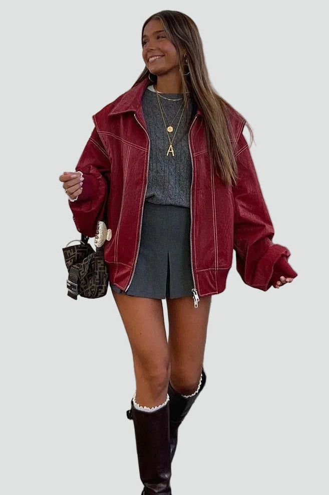 Women's oversized bomber jacket with zipper and pockets for everyday wear