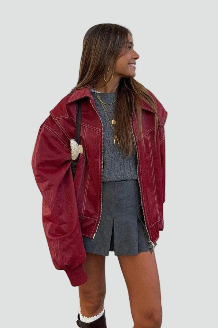 Women's oversized bomber jacket with zipper and pockets for everyday wear