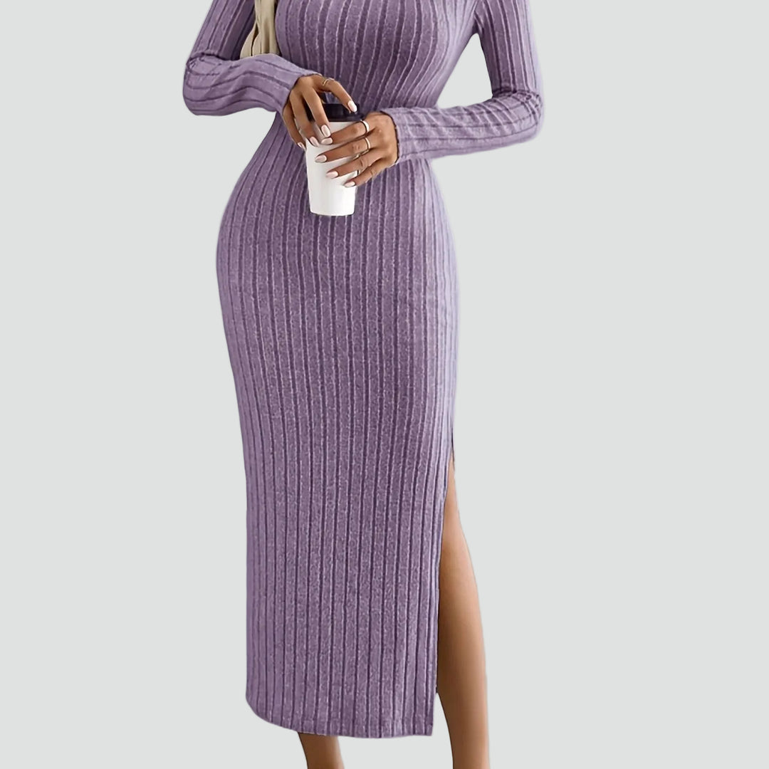 Geribbelde maxi feestjurk met split