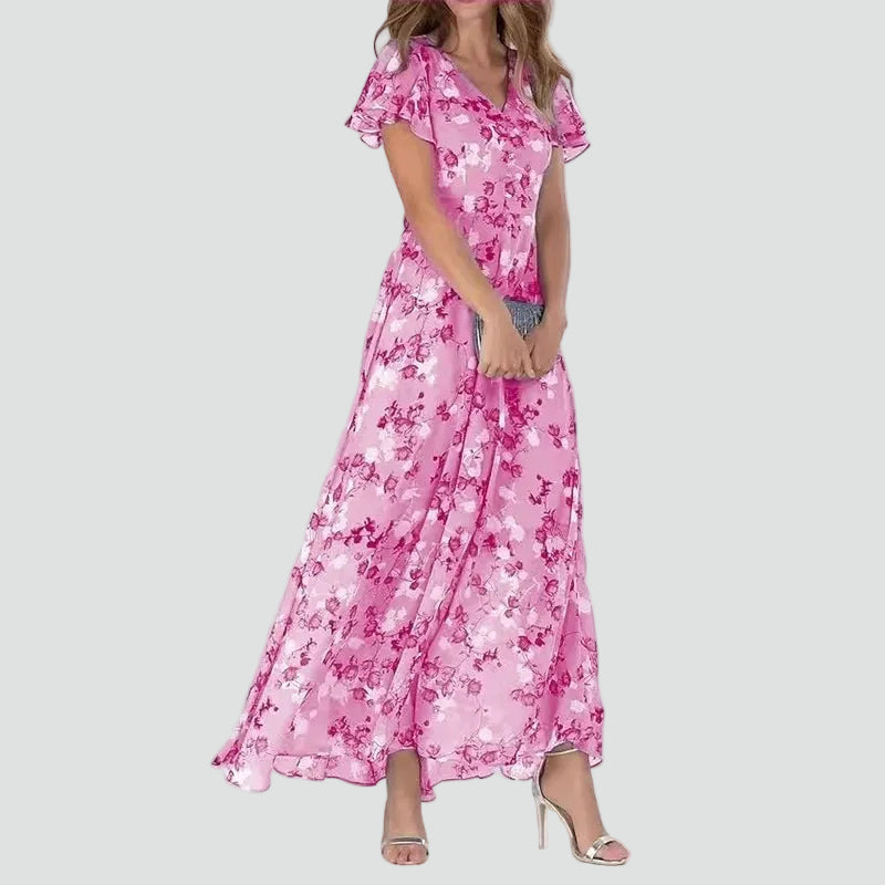 Robe longue pour femme à fleurs avec volant et encolure en V