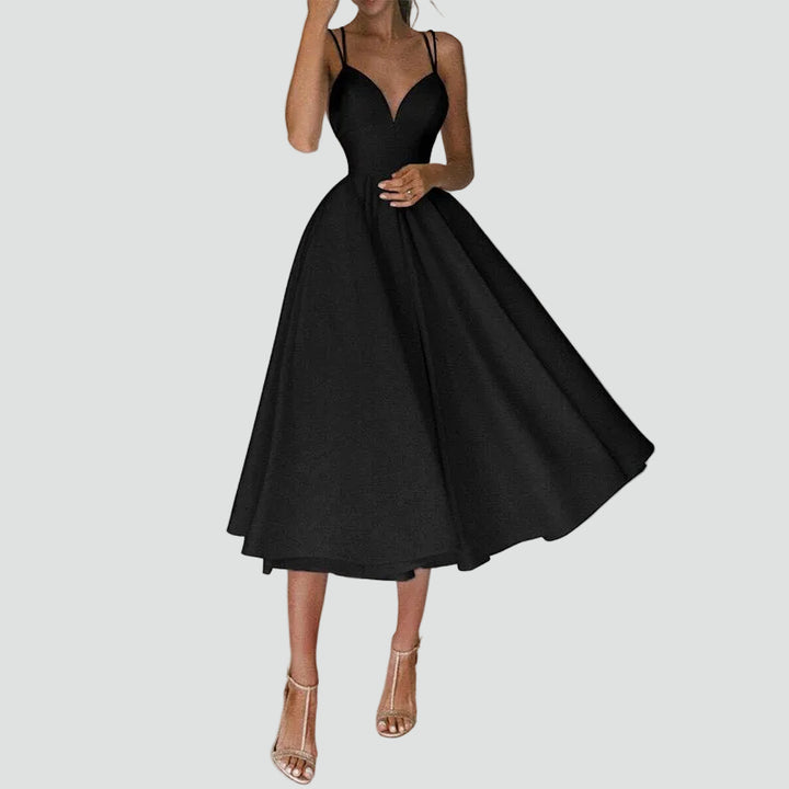 Flared midi cocktail dress with sweetheart neckline for weddings