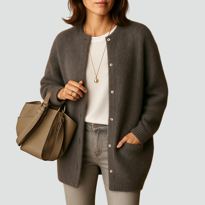 Miękki kardigan dla kobiet z okrągłym dekoltem i guzikami