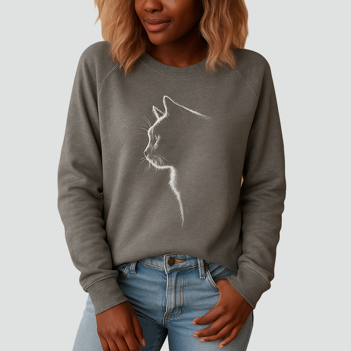 Miękka bluza z nadrukiem kota i okrągłym dekoltem