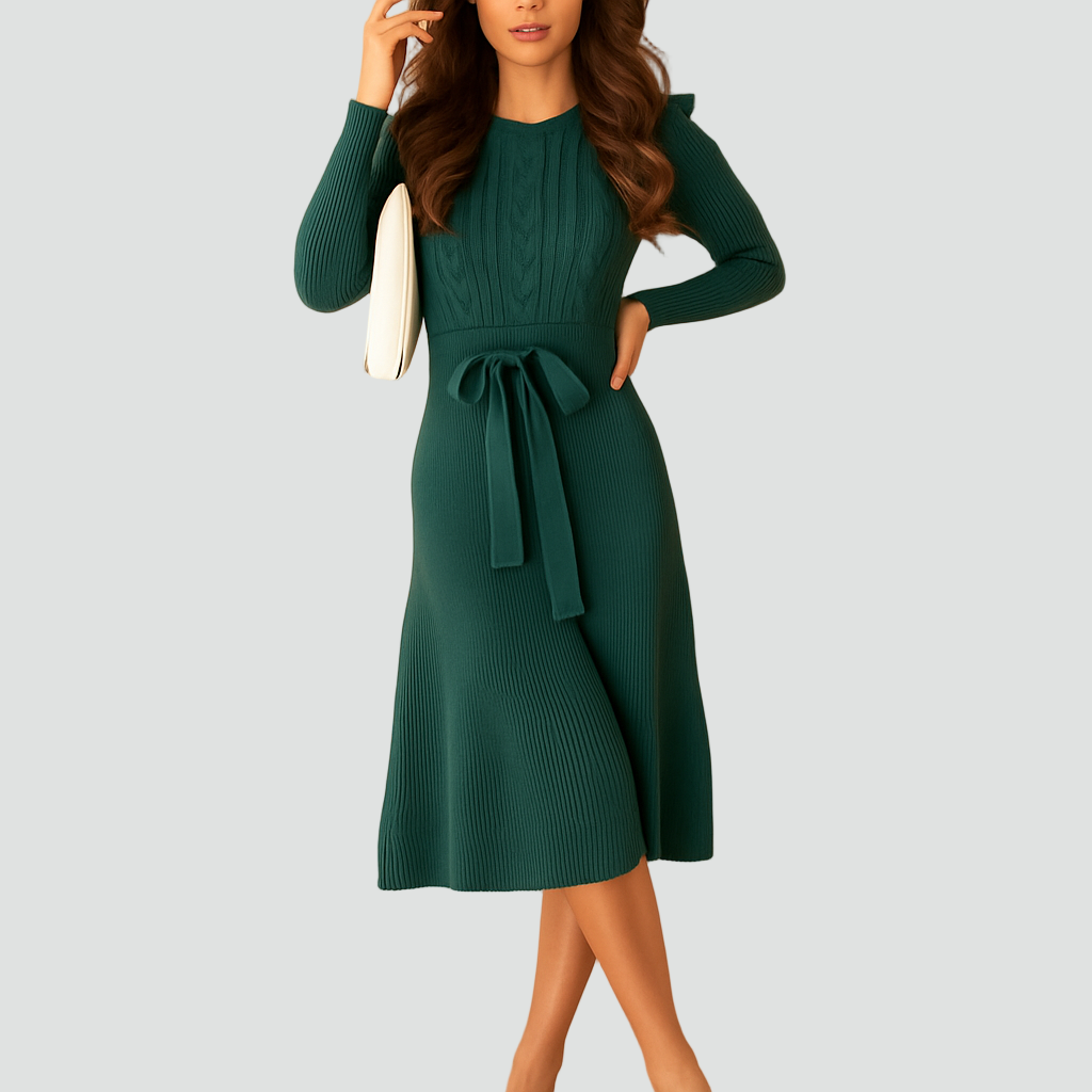 Dzianinowa sukienka midi z paskiem w talii i długim rękawem